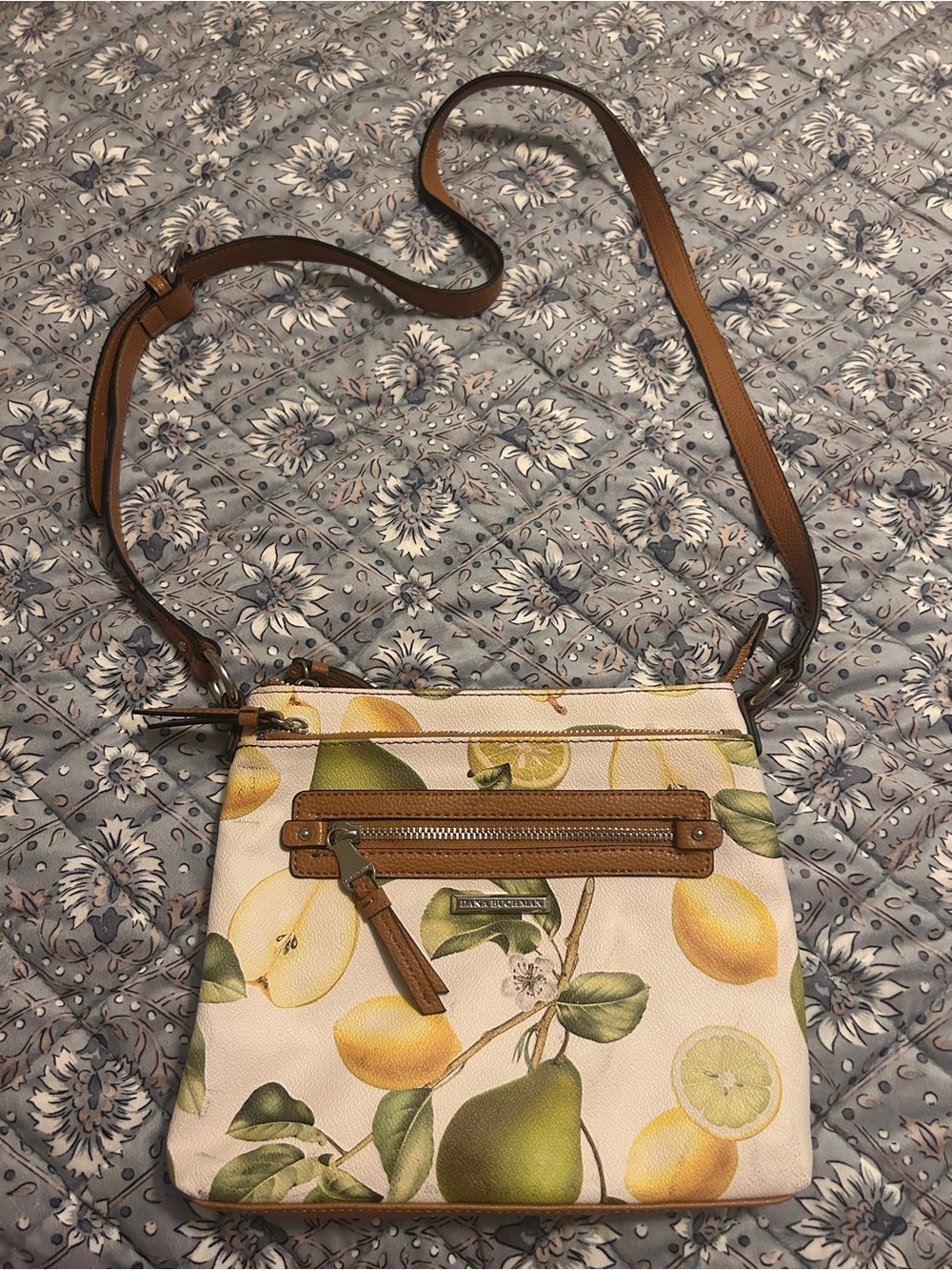 Dana Bachman Lemon Print Crossbody Bag with Brown Trim